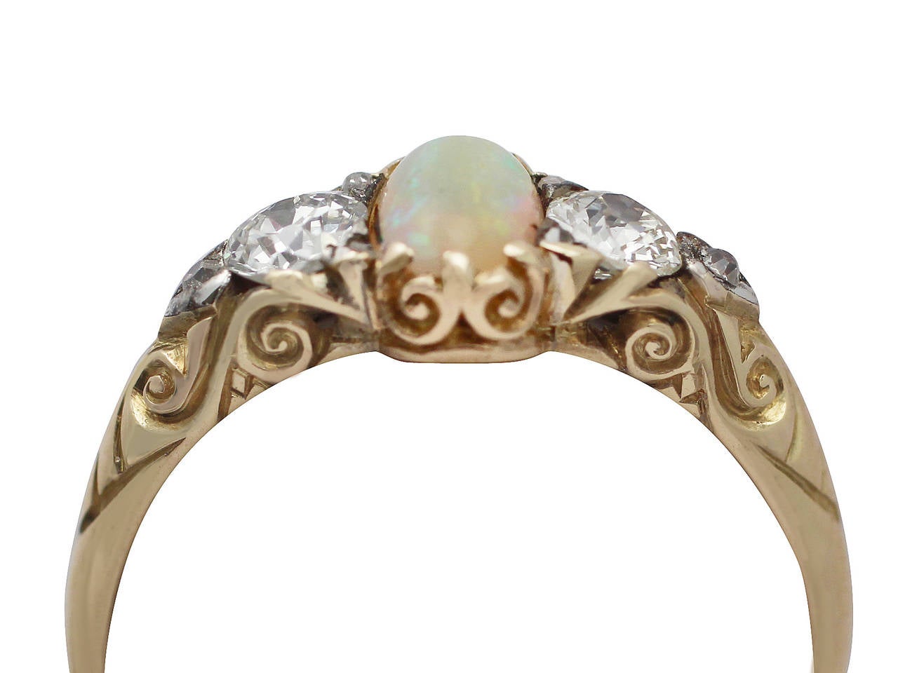 0.48Ct Opal & 0.76Ct Diamond 18k Yellow Gold Trilogy Ring - Antique Victorian