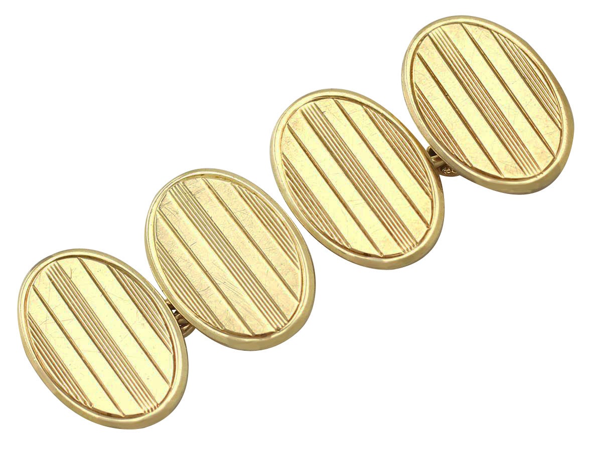 A fine and impressive pair of antique English 18 karat yellow gold cufflinks - boxed; an addition to our mens jewelry and estate jewelry collections

These fine antique cufflinks have been crafted in 18k yellow gold.

The gold cufflinks have an