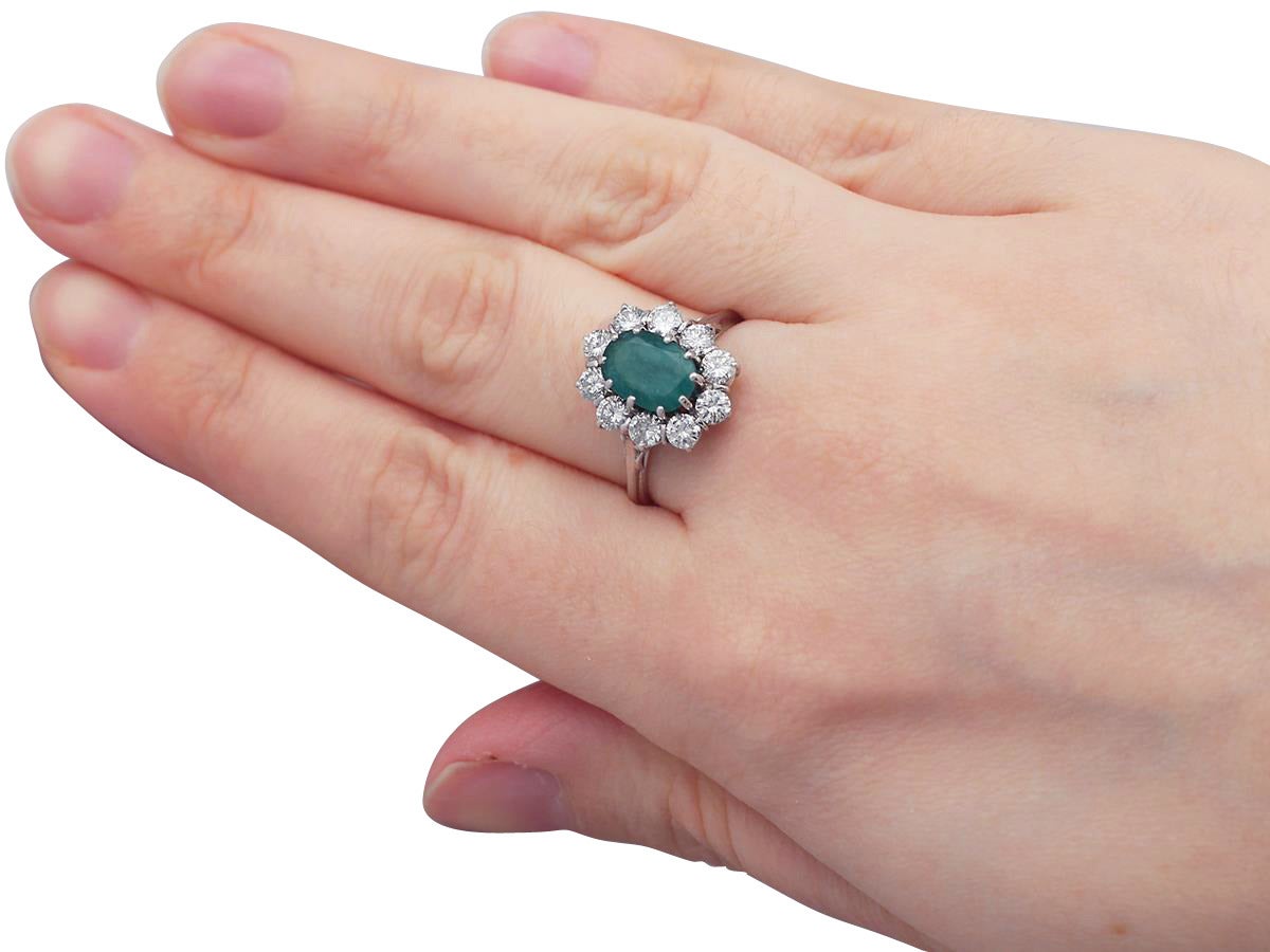 2.09 Carat Emerald and 1.32 Carat Diamond White Gold Cluster Ring 2