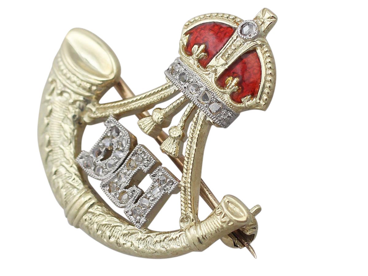 0.18Ct Diamond, Red Enamel & 14k Yellow Gold Regimental Brooch - Antique