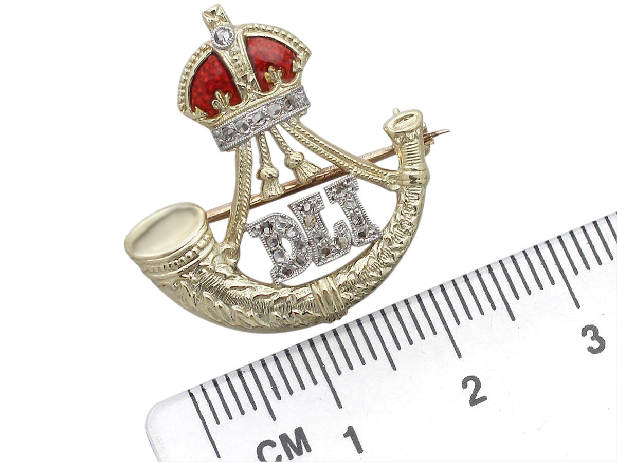 0.18Ct Diamond, Red Enamel & 14k Yellow Gold Regimental Brooch - Antique 2