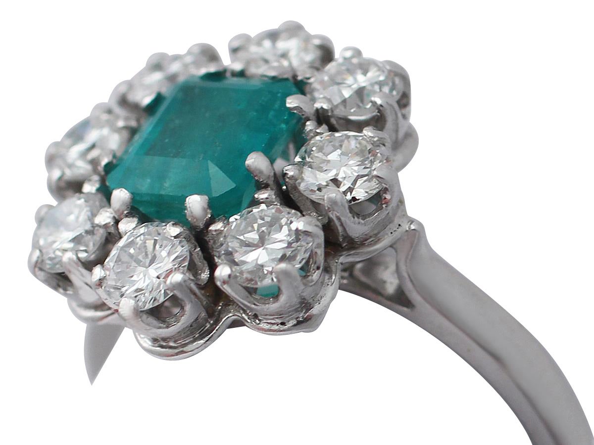 1.30Ct Emerald & 1.66Ct Diamond, 1k White Gold Cluster Ring - Vintage Circa 1950