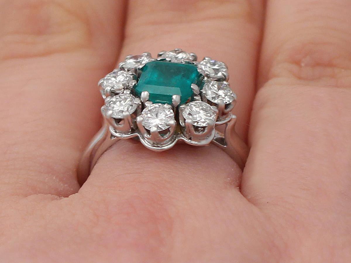 1.30Ct Emerald and 1.66Ct Diamond, 1k White Gold Cluster Ring - Vintage