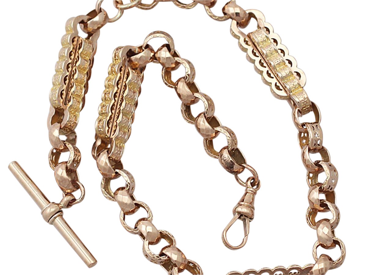 A fine and impressive antique 9 Karat yellow gold and 9 Karat rose gold watch chain; part of our antique jewelry and estate jewelry collections

This impressive antique watch chain has been crafted in 9K yellow gold and 9K rose gold.

The
