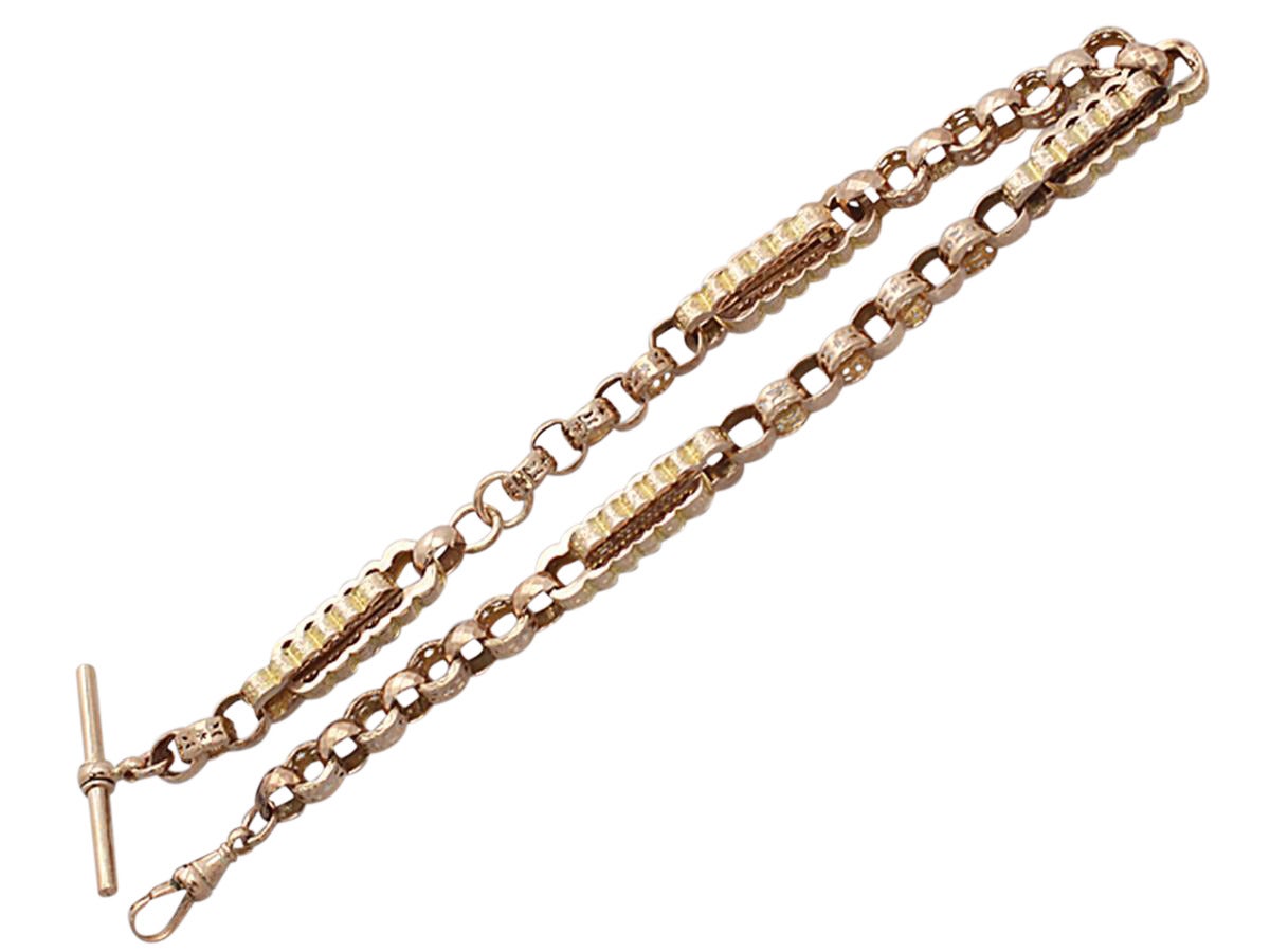9K Yellow Gold and 9K Rose Gold Watch Chain - Antique Circa 1900 In Excellent Condition In Jesmond, Newcastle Upon Tyne