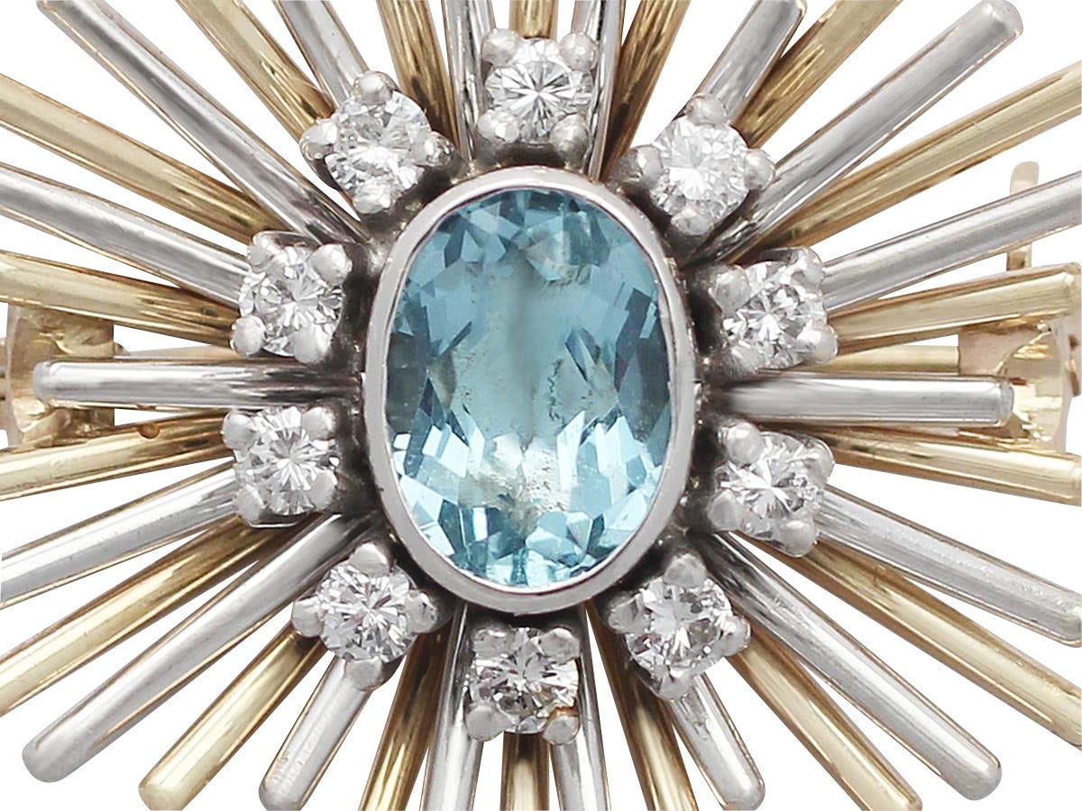 A fine and impressive vintage 1.10 carat aquamarine and 0.40 carat diamond, 9 karat yellow and white gold brooch; part of our vintage jewelry and estate jewelry collections

This impressive vintage aquamarine brooch has been crafted in 9k yellow
