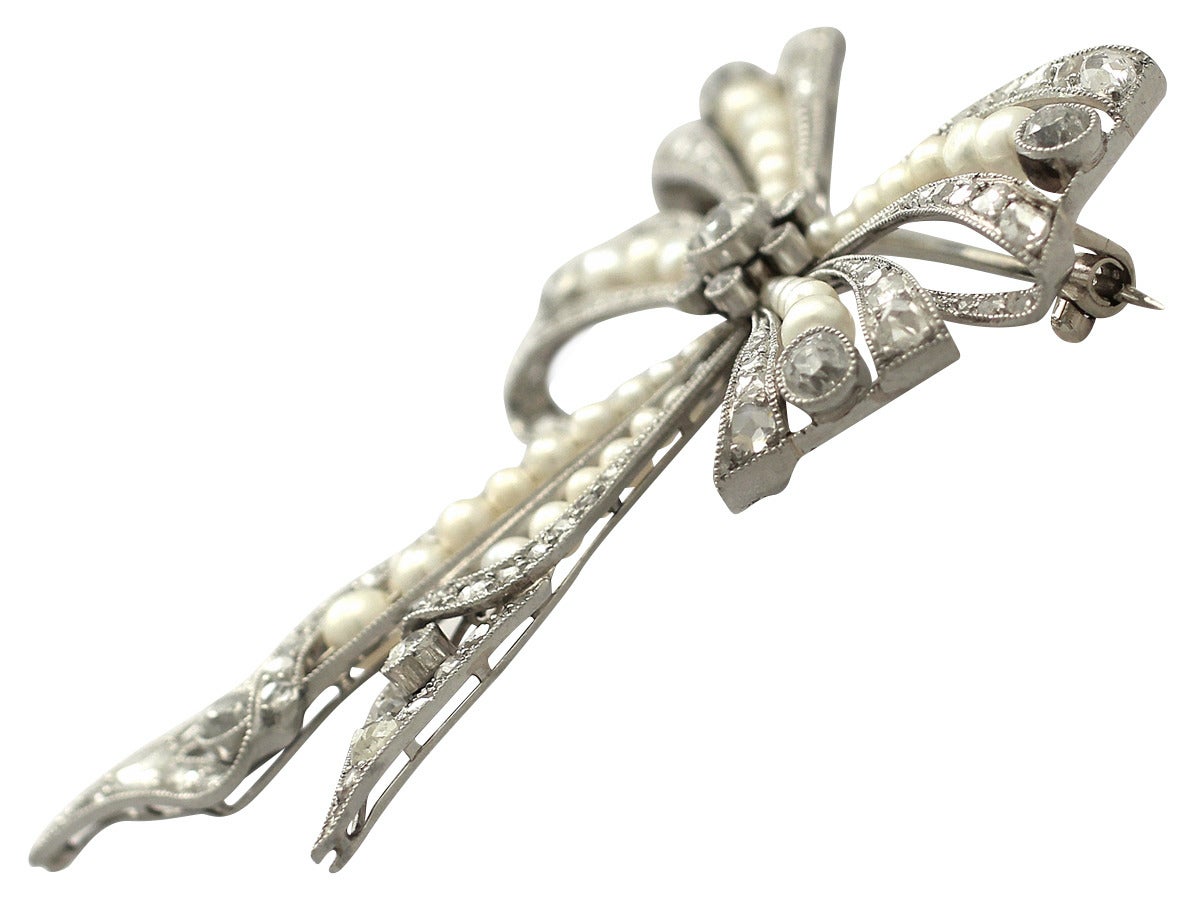 Pearl and 0.68Ct Diamond, Platinum Bow Brooch - Antique Victorian 2