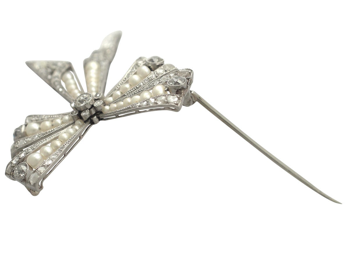 Pearl and 0.68Ct Diamond, Platinum Bow Brooch - Antique Victorian 3