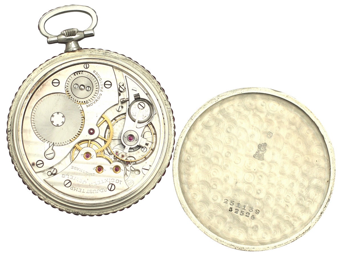 3.95Ct Ruby and 18k White Gold Movado Pocket Watch - Antique Circa 1920 1
