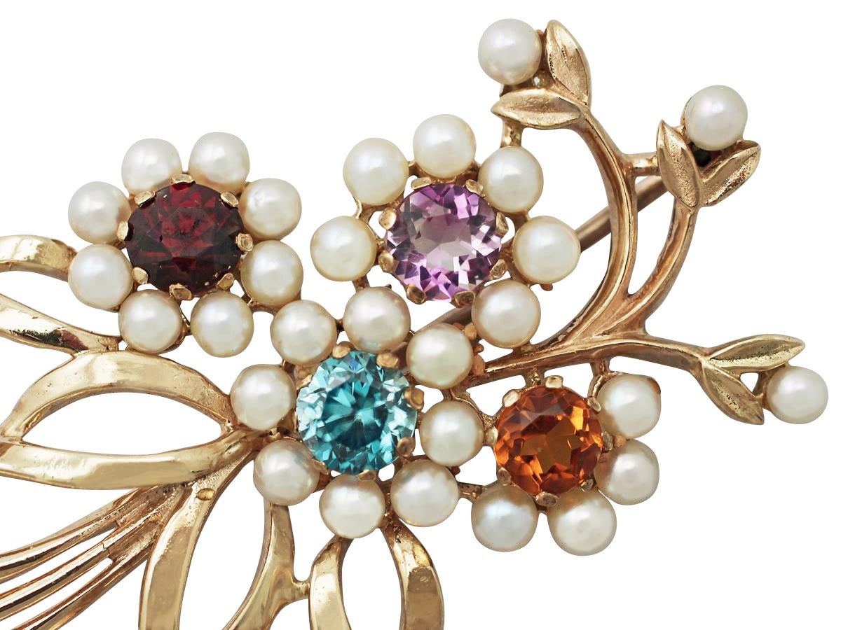 1.28Ct MultiGemstone and Pearls, 9k Yellow Gold Brooch Antique Circa