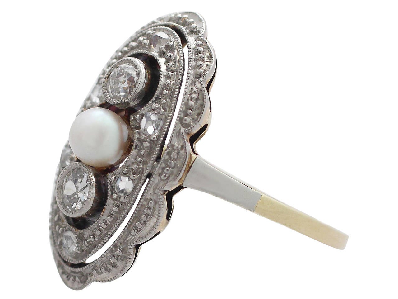 1920s Antique Diamond & Pearl Yellow Gold White Gold Set Cocktail Ring  In Excellent Condition In Jesmond, Newcastle Upon Tyne