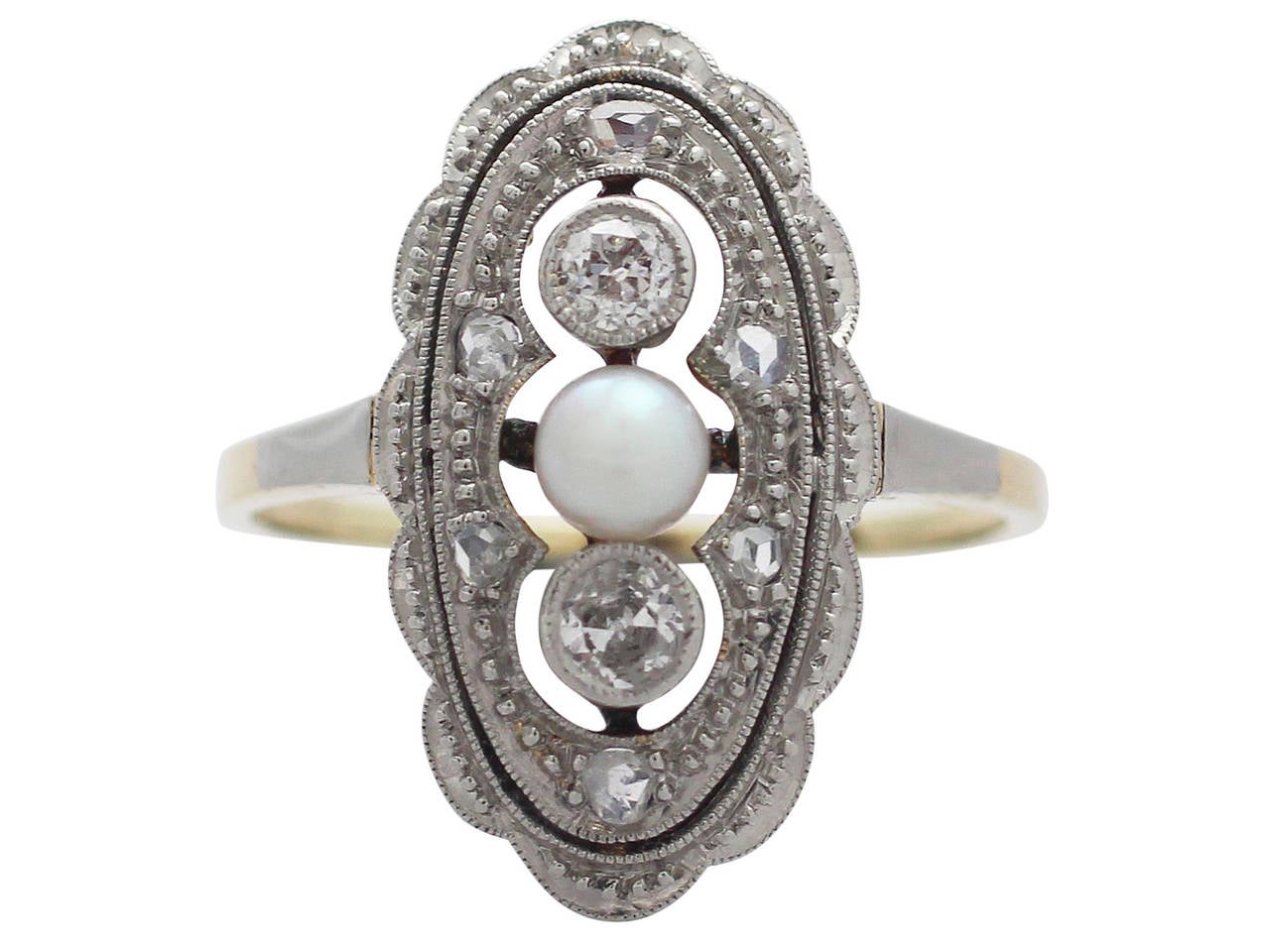 Women's 1920s Antique Diamond & Pearl Yellow Gold White Gold Set Cocktail Ring 