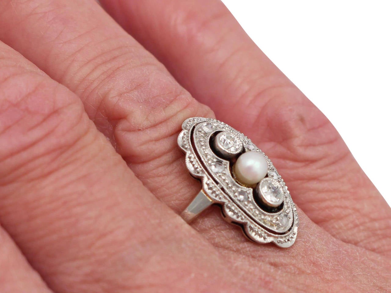 1920s Antique Diamond & Pearl Yellow Gold White Gold Set Cocktail Ring  4