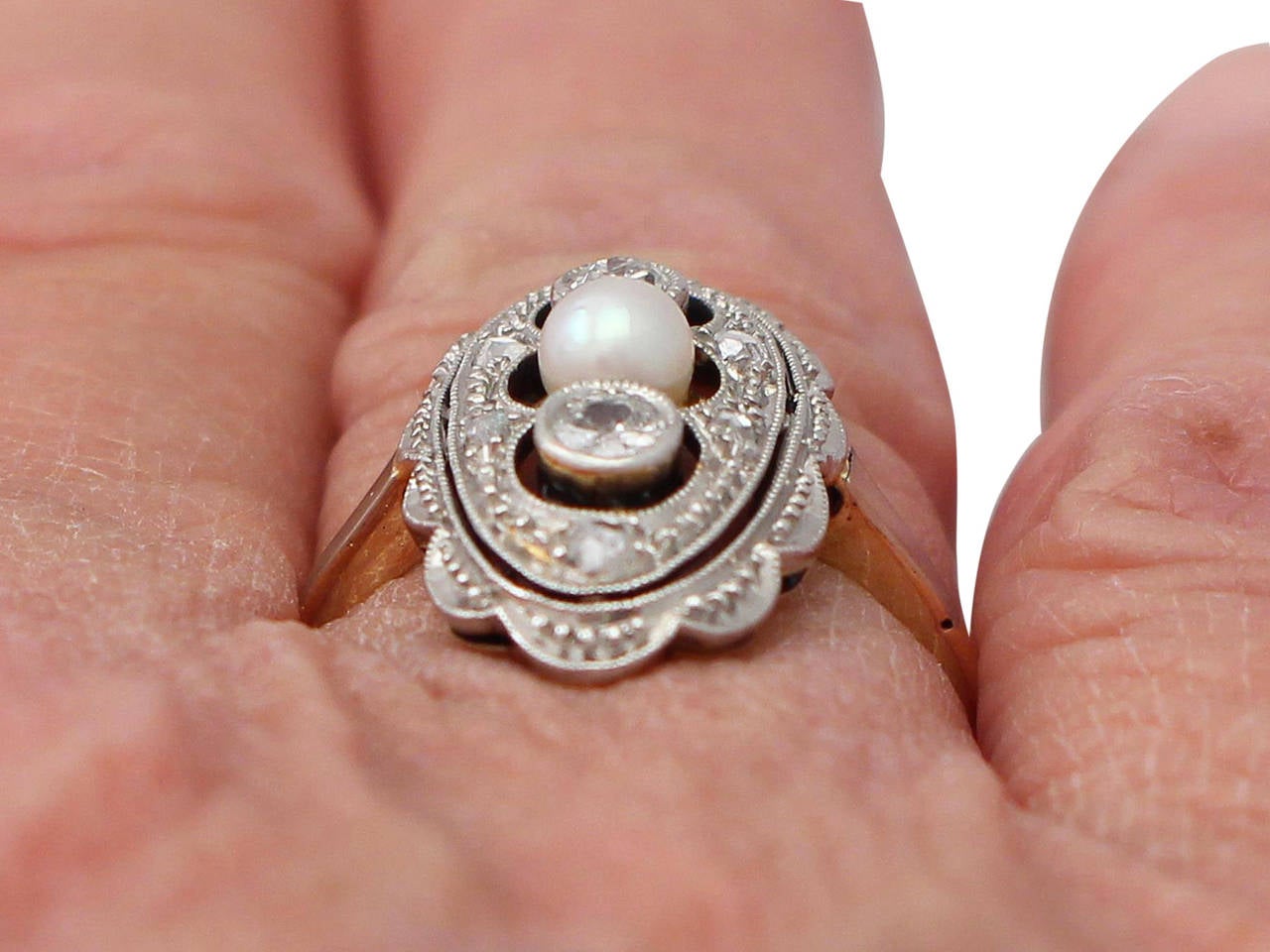 1920s Antique Diamond & Pearl Yellow Gold White Gold Set Cocktail Ring  5