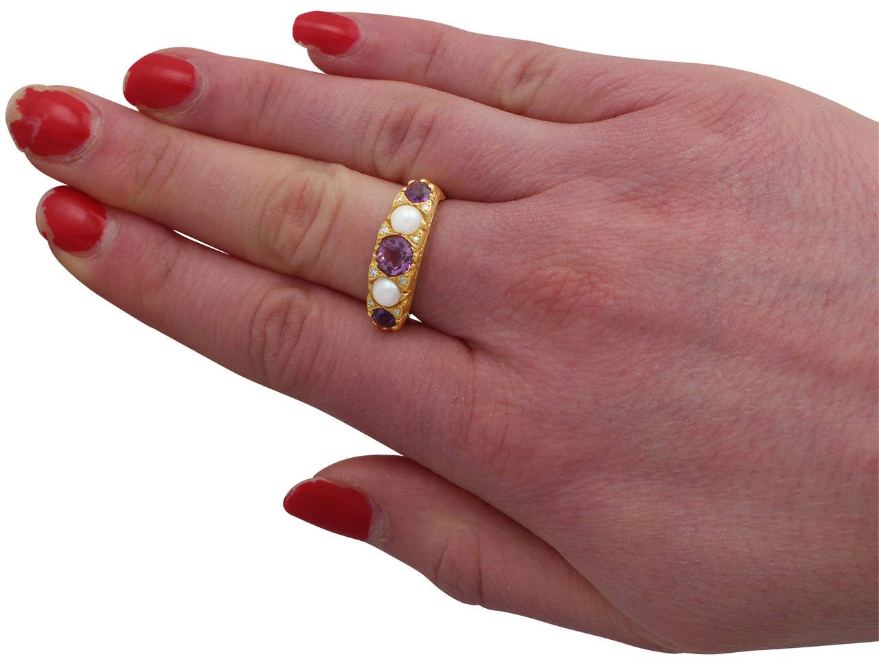 1950s Amethyst Pearl & Diamond Yellow Gold Cocktail Ring 2