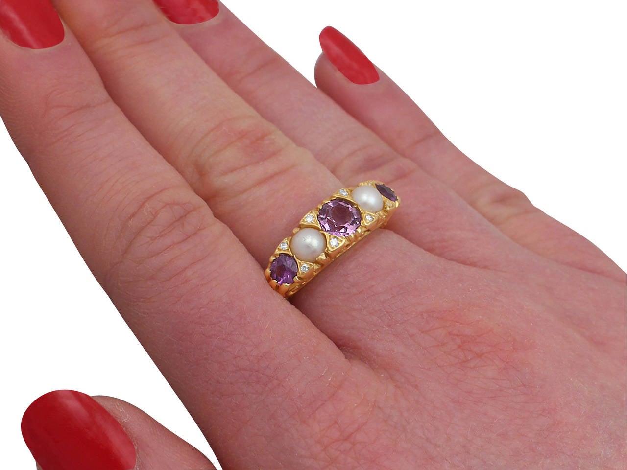 1950s Amethyst Pearl & Diamond Yellow Gold Cocktail Ring 3