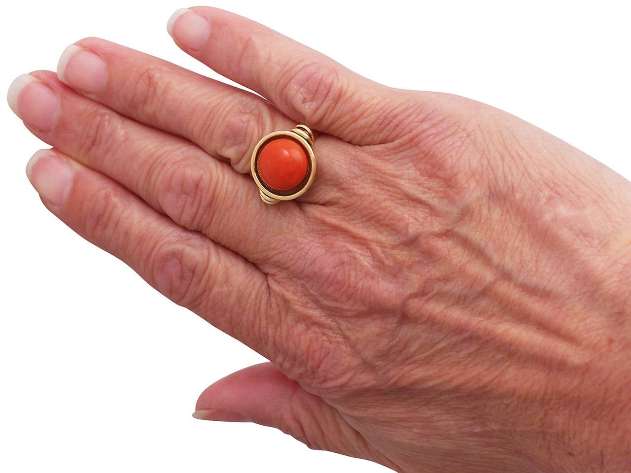 Women's Red Coral and 14k Yellow Gold Ring - Art Deco Style - Vintage Circa 1940