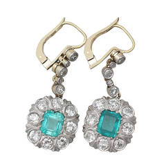 2.56Ct Emerald & 1.65Ct Diamond, 18k Yellow Gold Drop Earrings - Antique