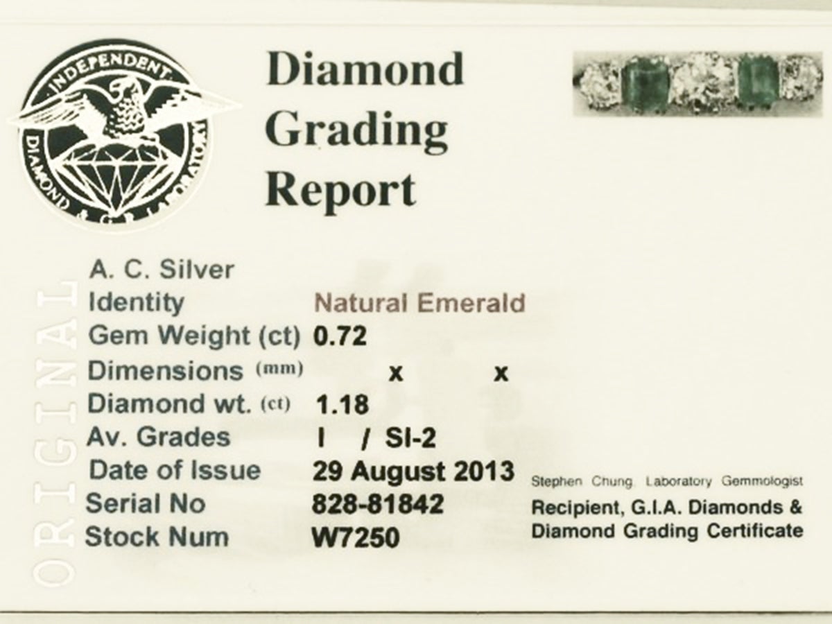 1.18 Carat Diamond and 0.72 Carat Emerald, 18k White Gold Five Stone Ring 2