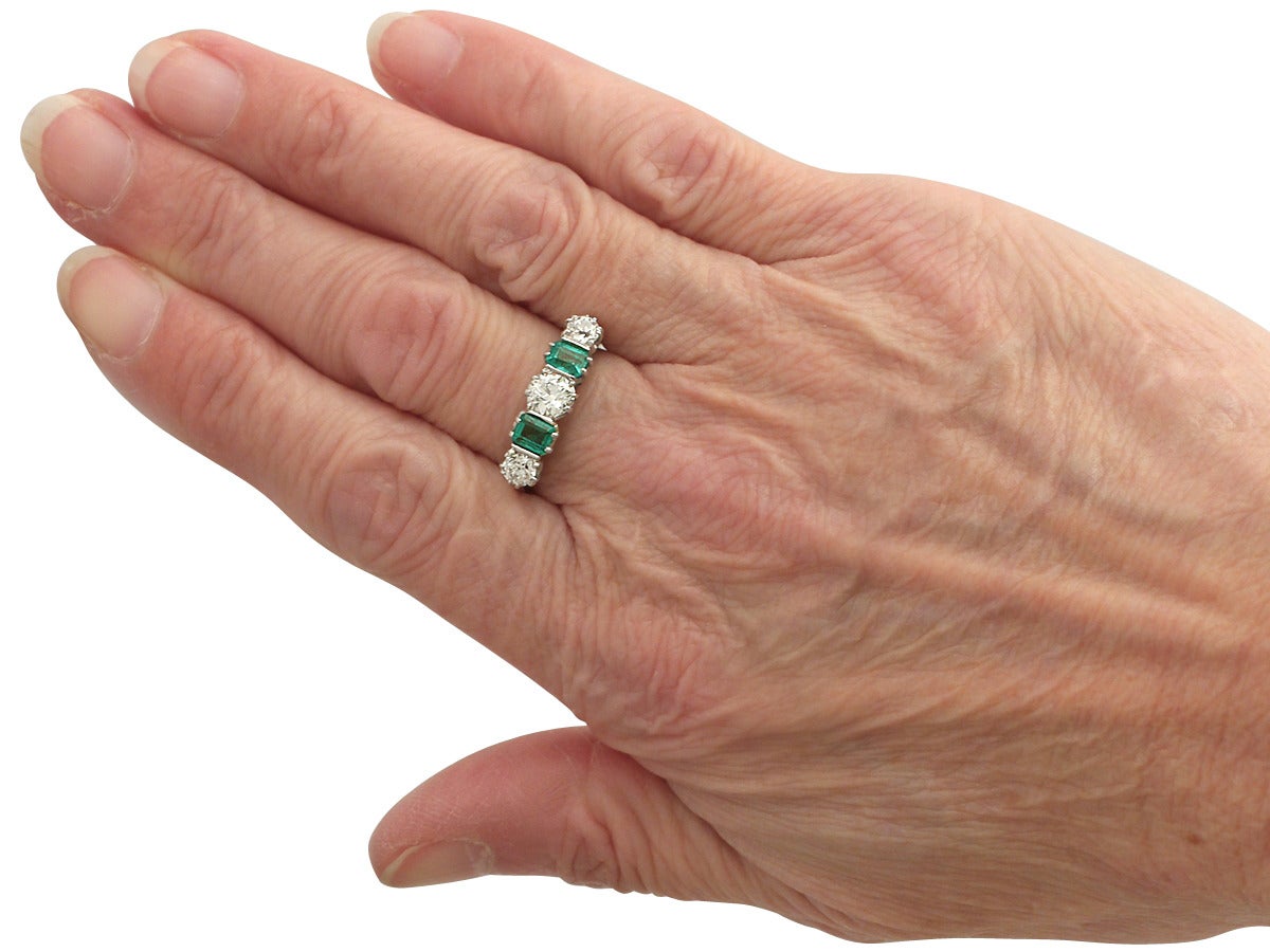 1.18 Carat Diamond and 0.72 Carat Emerald, 18k White Gold Five Stone Ring 3