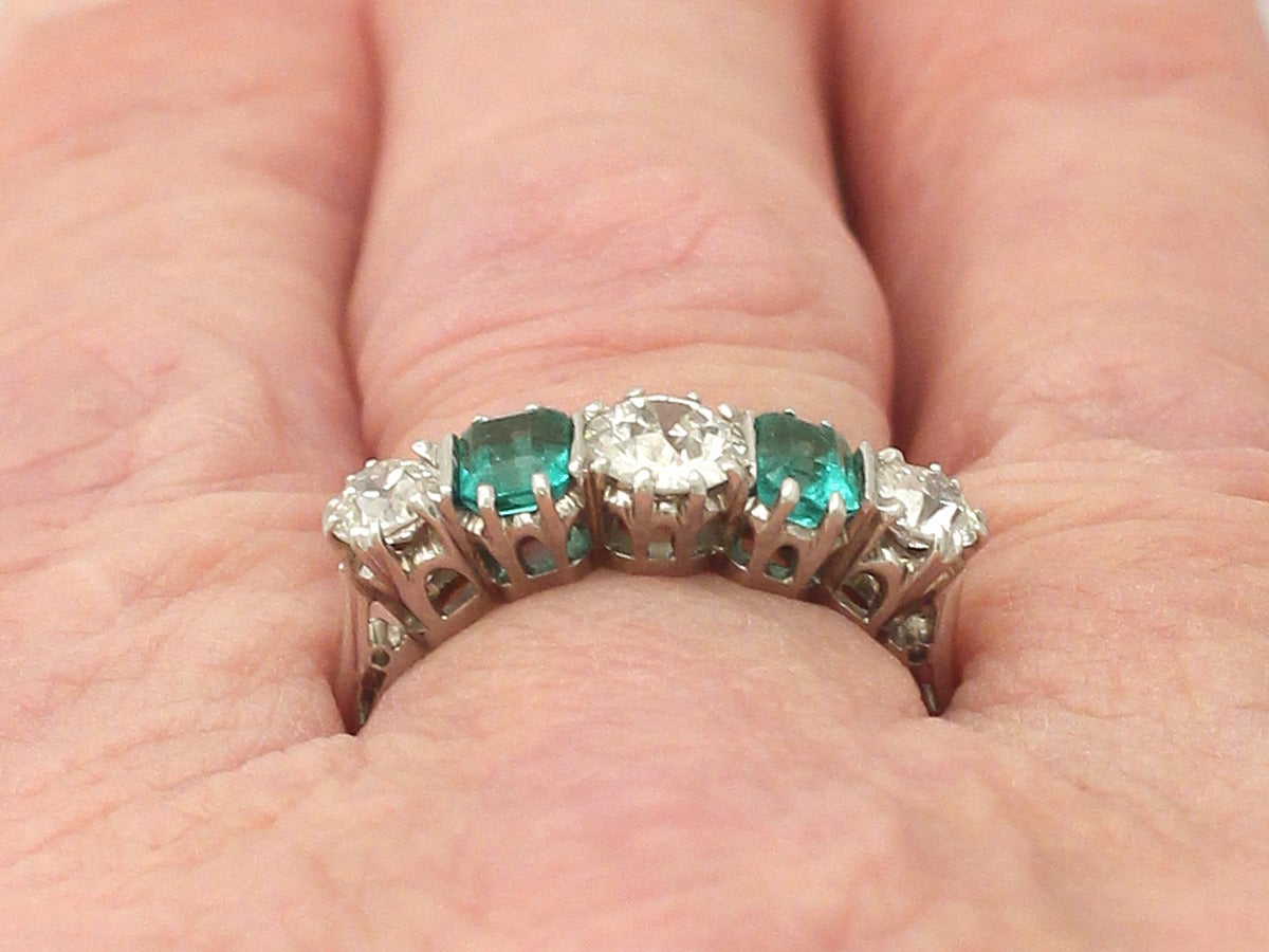 1.18 Carat Diamond and 0.72 Carat Emerald, 18k White Gold Five Stone Ring 5