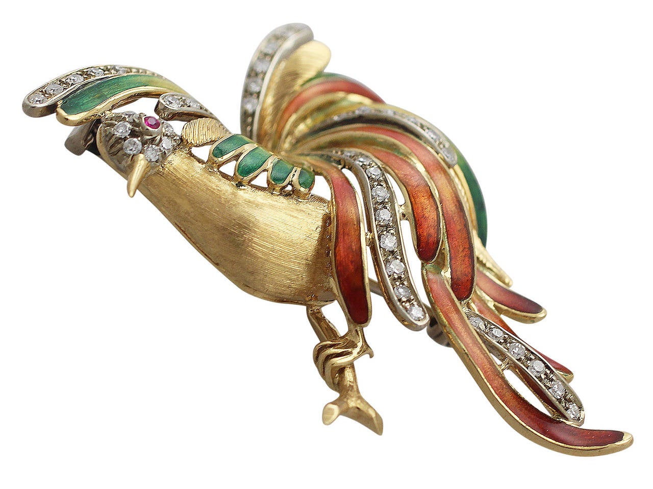 Women's 0.75Ct Diamond and 0.02Ct Ruby, Enamel and 18k Yellow Gold Bird Vintage Brooch