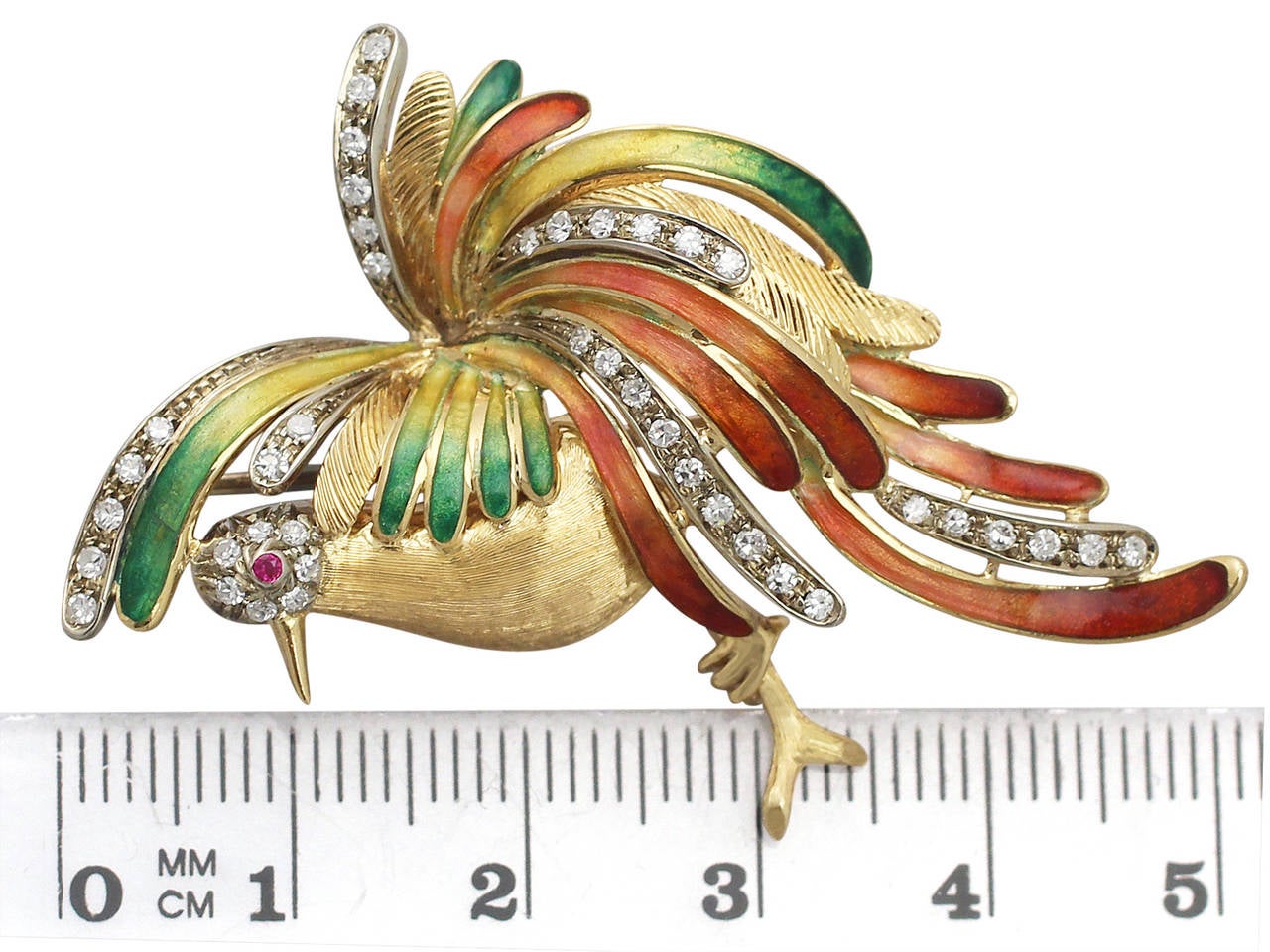 0.75Ct Diamond and 0.02Ct Ruby, Enamel and 18k Yellow Gold Bird Vintage Brooch 3