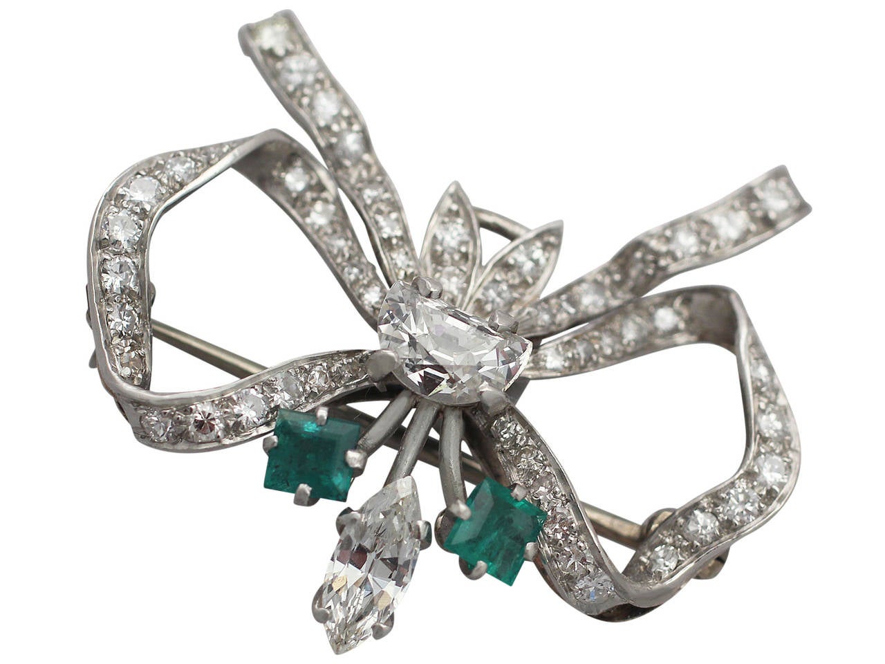2.42Ct Diamond & 0.52Ct Emerald, 18k White Gold Brooch - Vintage Circa 1950 1