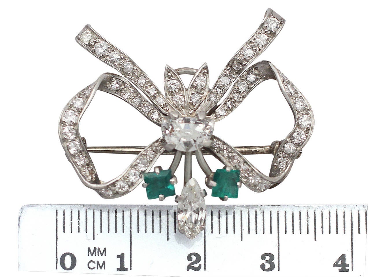 2.42Ct Diamond & 0.52Ct Emerald, 18k White Gold Brooch - Vintage Circa 1950 2