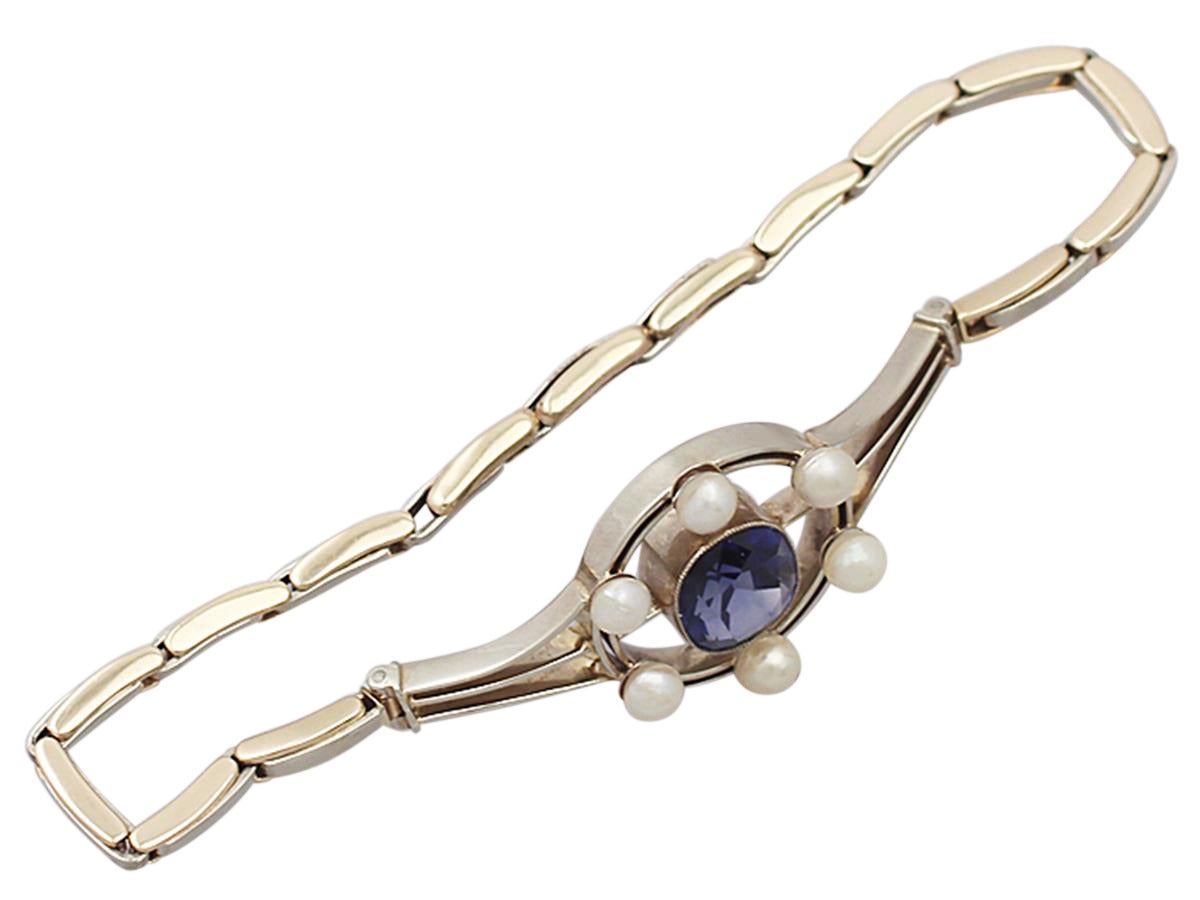 Women's 3.68Ct Tanzanite & Pearl, 9k Yellow Gold & 9k White Gold Bracelet - Antique