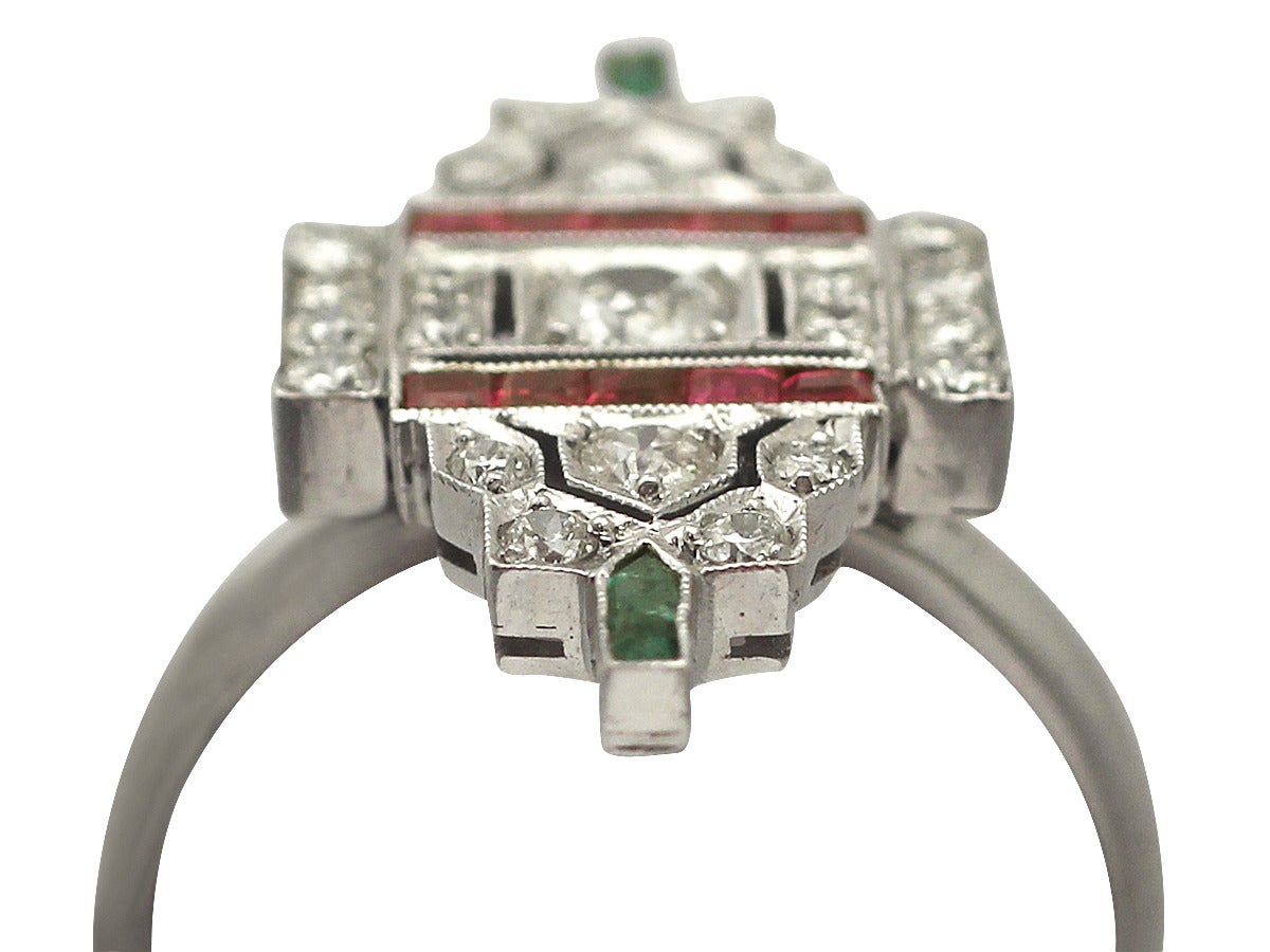 Women's 1.38Ct Diamond, Ruby & Emerald 14k White Gold Dress Ring - Art Deco - Vintage