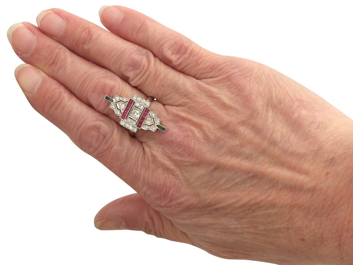 1.38Ct Diamond, Ruby & Emerald 14k White Gold Dress Ring - Art Deco - Vintage 3