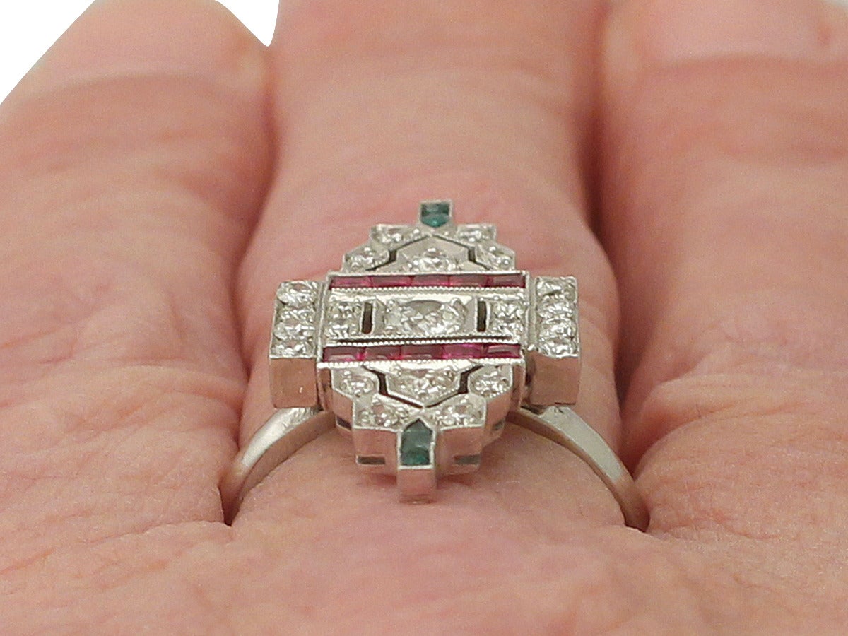 1.38Ct Diamond, Ruby & Emerald 14k White Gold Dress Ring - Art Deco - Vintage 5
