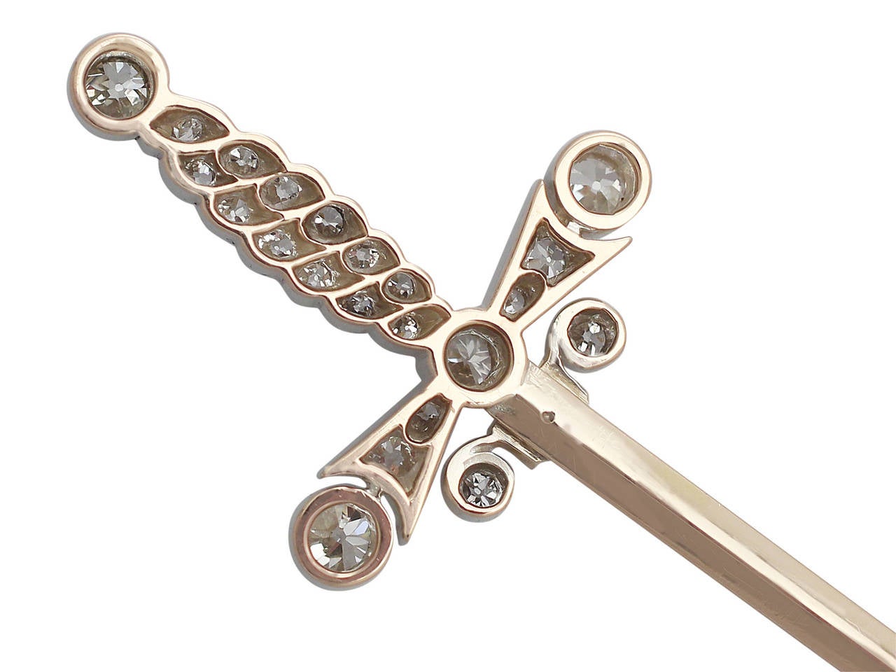 1.59Ct Diamond and 9k Yellow Gold Jabot Pin 'Sword' Brooch Antique