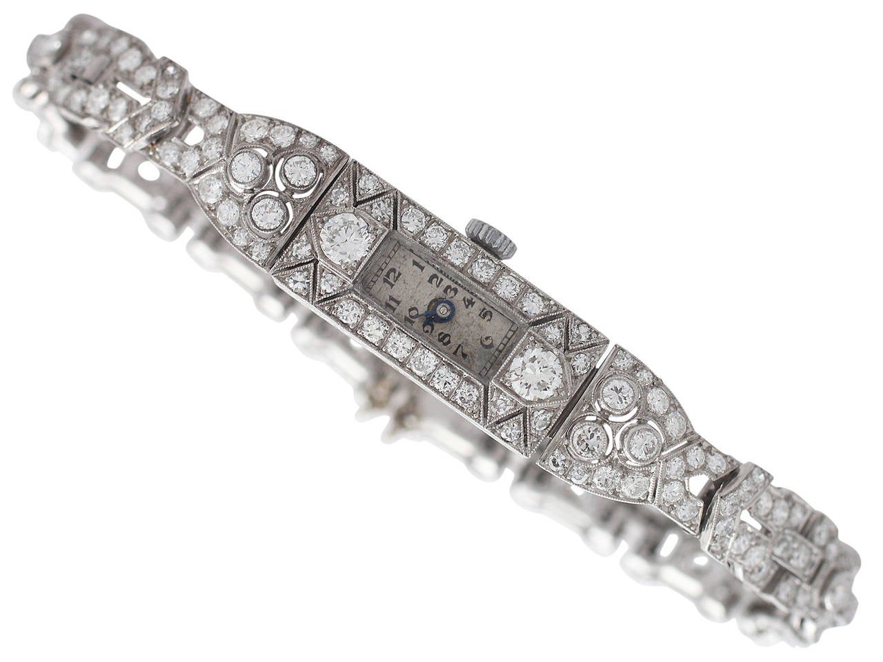 A stunning, fine and impressive 6.70 carat diamond and platinum vintage Art Deco style cocktail watch; part of our diamond jewelry and estate jewelry collections

This stunning vintage diamond Art Deco cocktail watch has been crafted in