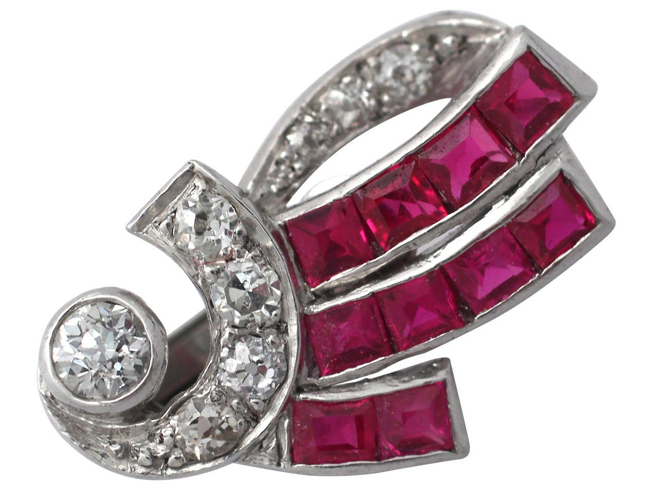 Art Deco 1940s 1.00 Carat Ruby and 0.48 Carat Diamond, 14k White Gold Earrings