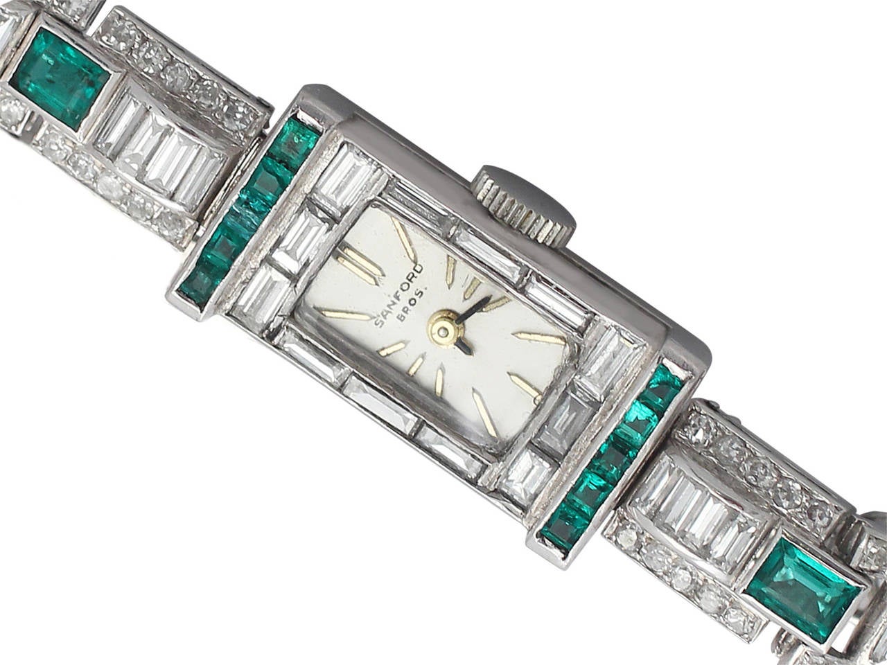 4.10Ct Diamond & 0.72Ct Emerald, Platinum Cocktail Watch - Art Deco - Vintage In Excellent Condition In Jesmond, Newcastle Upon Tyne