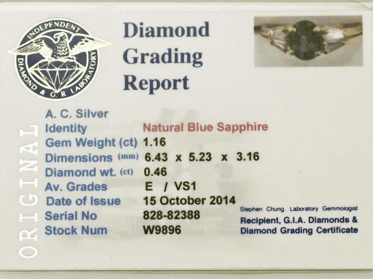 1.16Ct Blue Sapphire & 0.46Ct Diamond, 18k Yellow Gold Ring - Vintage Circa 1980 2