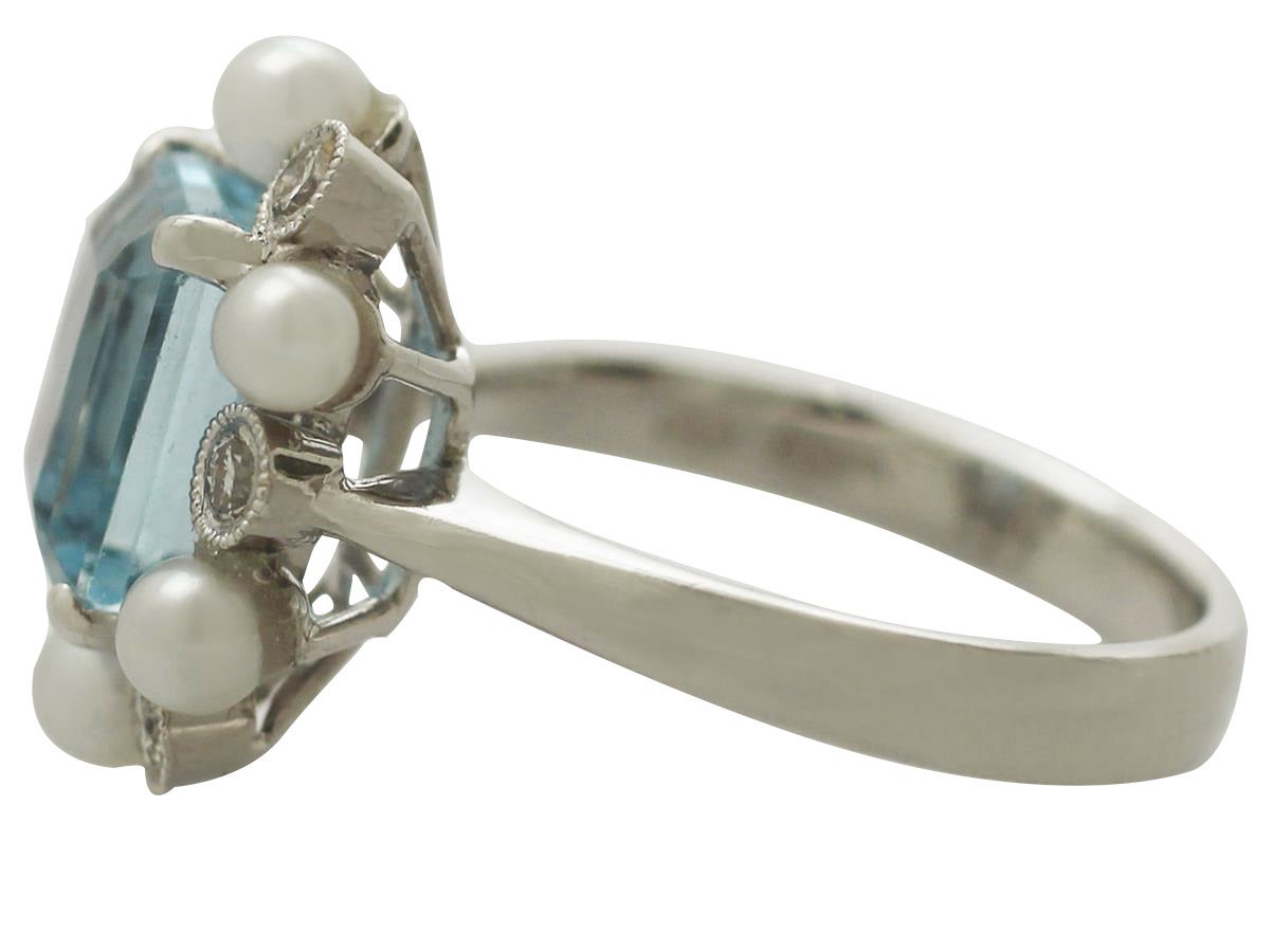 Women's 3.18Ct Aquamarine, 0.30Ct Diamond & Pearl, 18k White Gold Dress Ring - Vintage