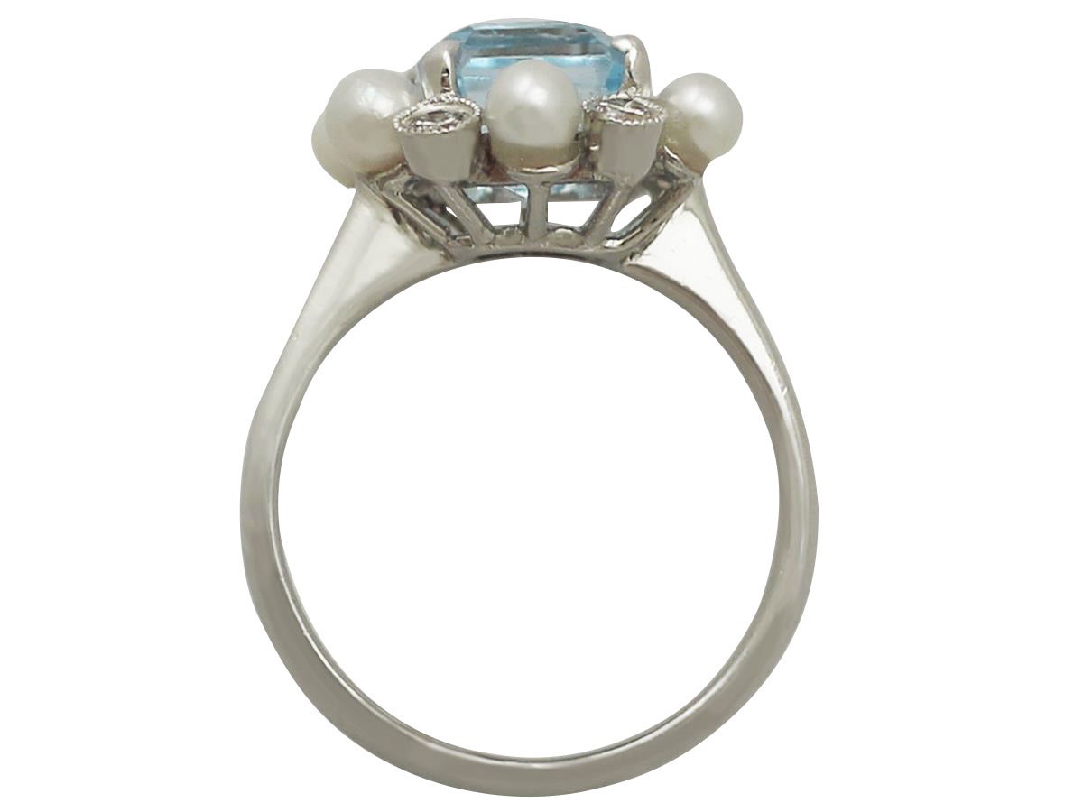 3.18Ct Aquamarine, 0.30Ct Diamond & Pearl, 18k White Gold Dress Ring - Vintage 1