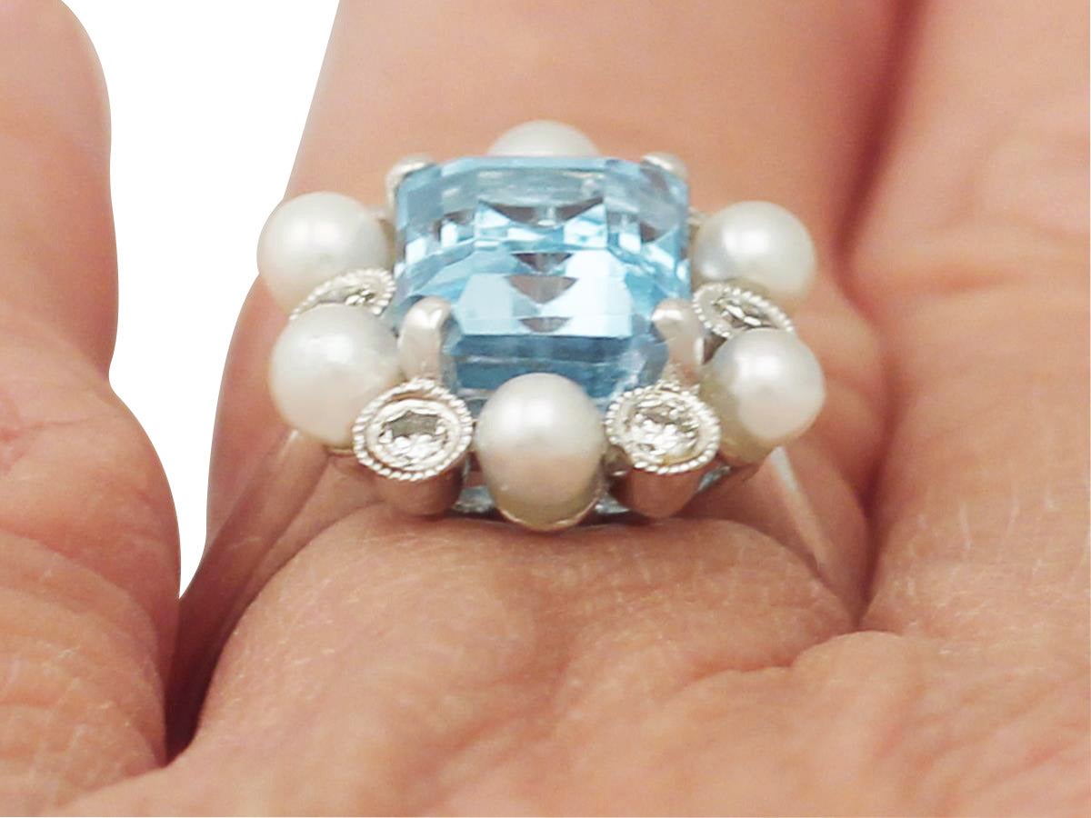 3.18Ct Aquamarine, 0.30Ct Diamond & Pearl, 18k White Gold Dress Ring - Vintage 5