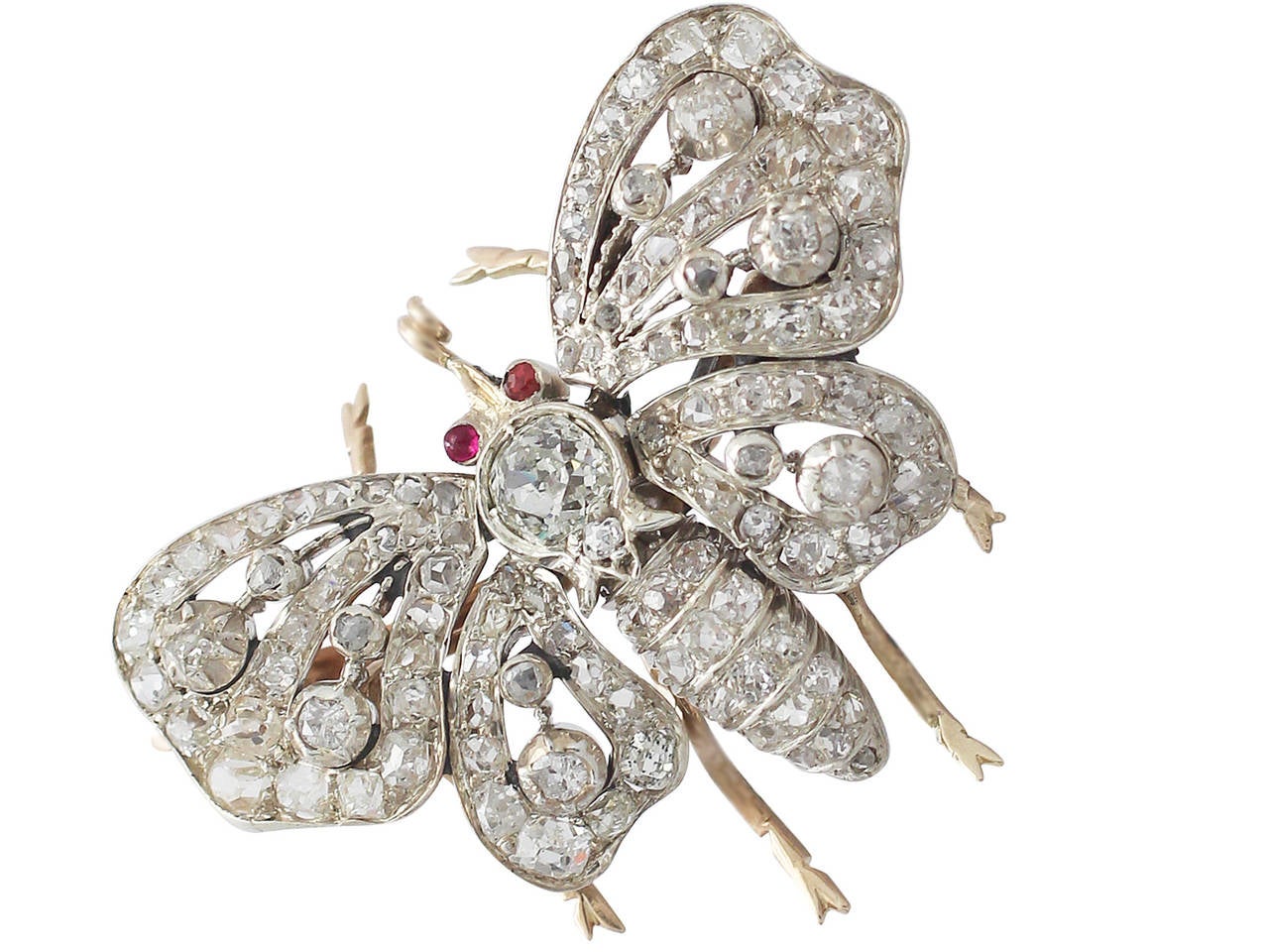 Women's 2.62Ct Diamond & 0.04Ct Ruby, 15k Yellow Gold Butterfly Brooch - Antique