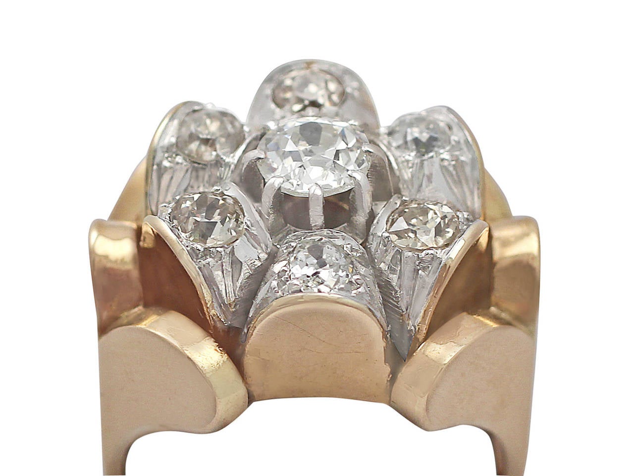A fine and impressive antique French 1.53 carat diamond, 18k yellow gold ring, 18k white gold set dress ring; part of our antique jewelry/estate jewelry collections.

This fine and unusual antique French ring has been crafted in 18k yellow gold with