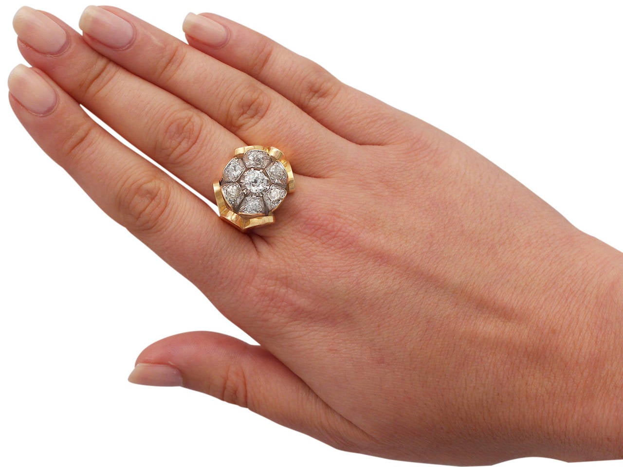 1920s Antique 1.53 Carat Diamond Cluster Yellow Gold Cocktail Ring 2