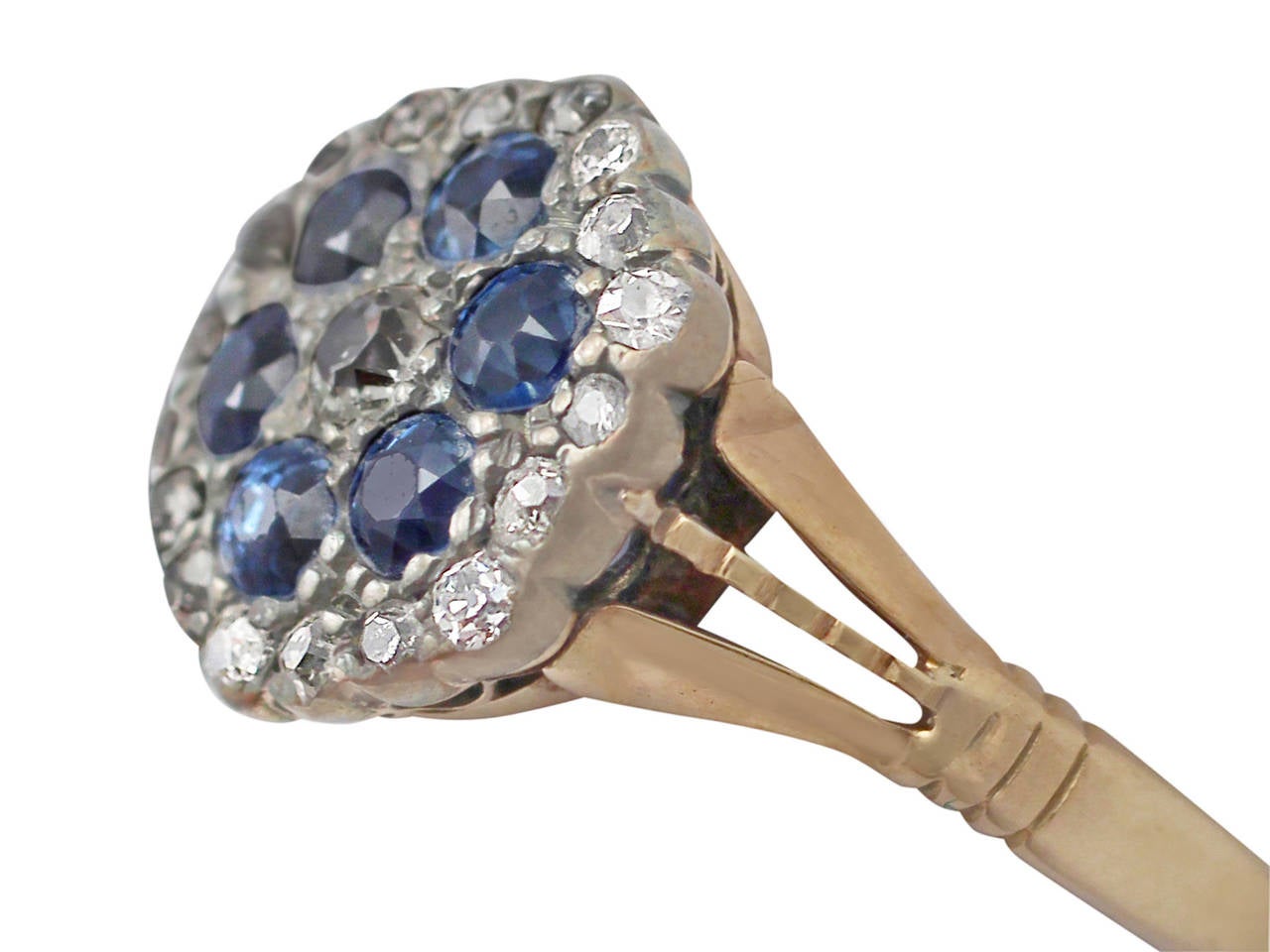 Round Cut 0.58Ct Sapphire & 0.52Ct Diamond, 18k Yellow Gold Cluster Ring - Antique