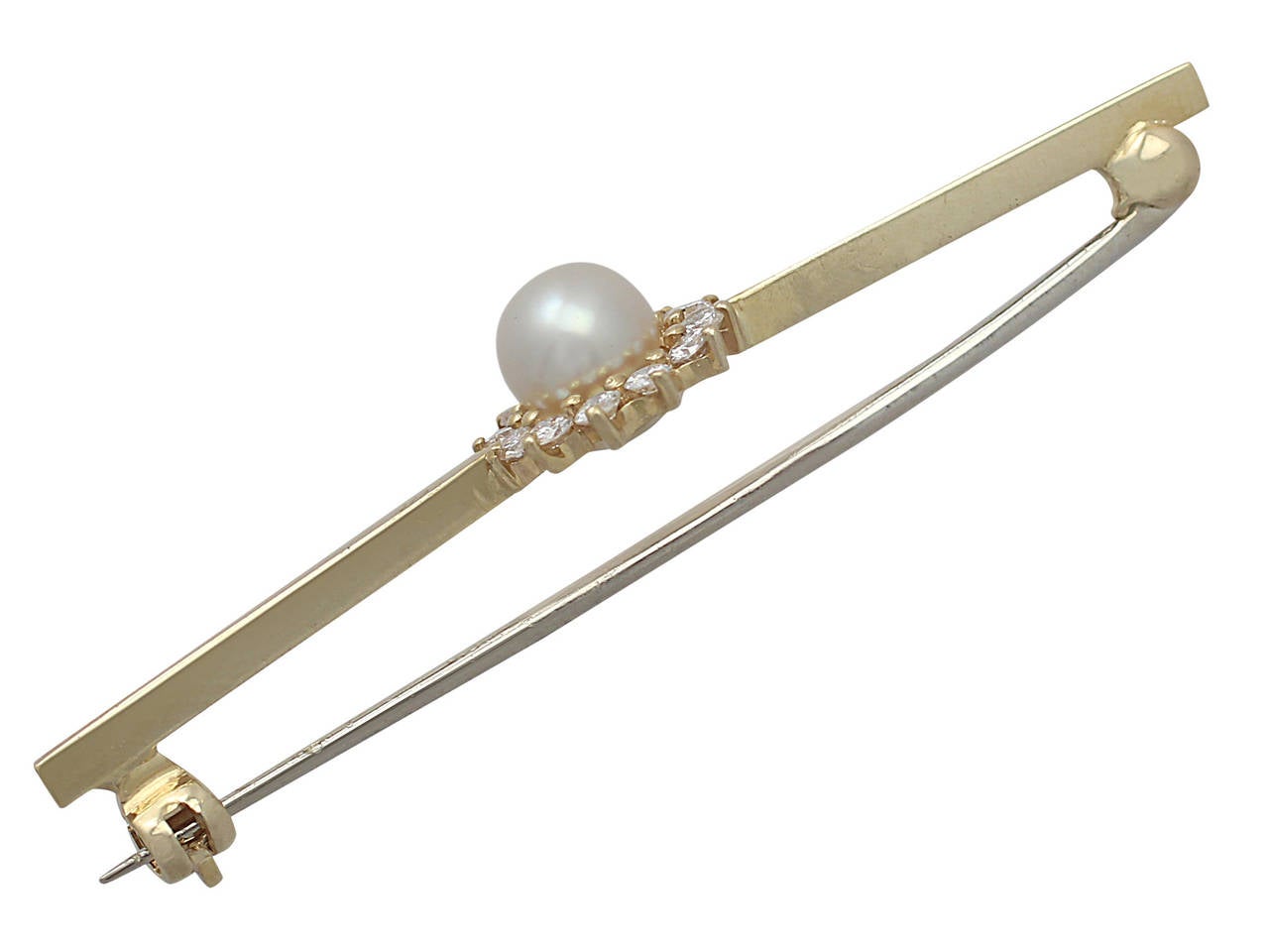 Women's Pearl and 0.48Ct Diamond, 18k Yellow Gold Bar Brooch - Circa 1980