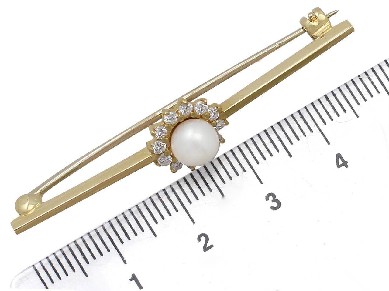 Pearl and 0.48Ct Diamond, 18k Yellow Gold Bar Brooch - Circa 1980 3