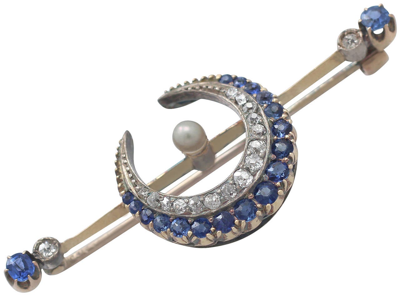 0.85Ct Sapphire & 0.52Ct Diamond, 9k Yellow Gold Crescent Brooch - Antique In Excellent Condition In Jesmond, Newcastle Upon Tyne