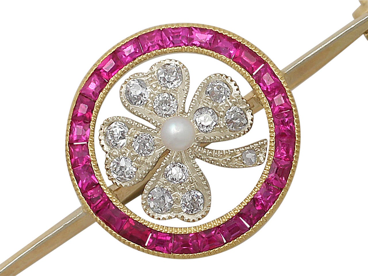 0.84Ct Ruby, 0.28Ct Diamond & Pearl 'Clover' 9k Yellow Gold Brooch - Antique