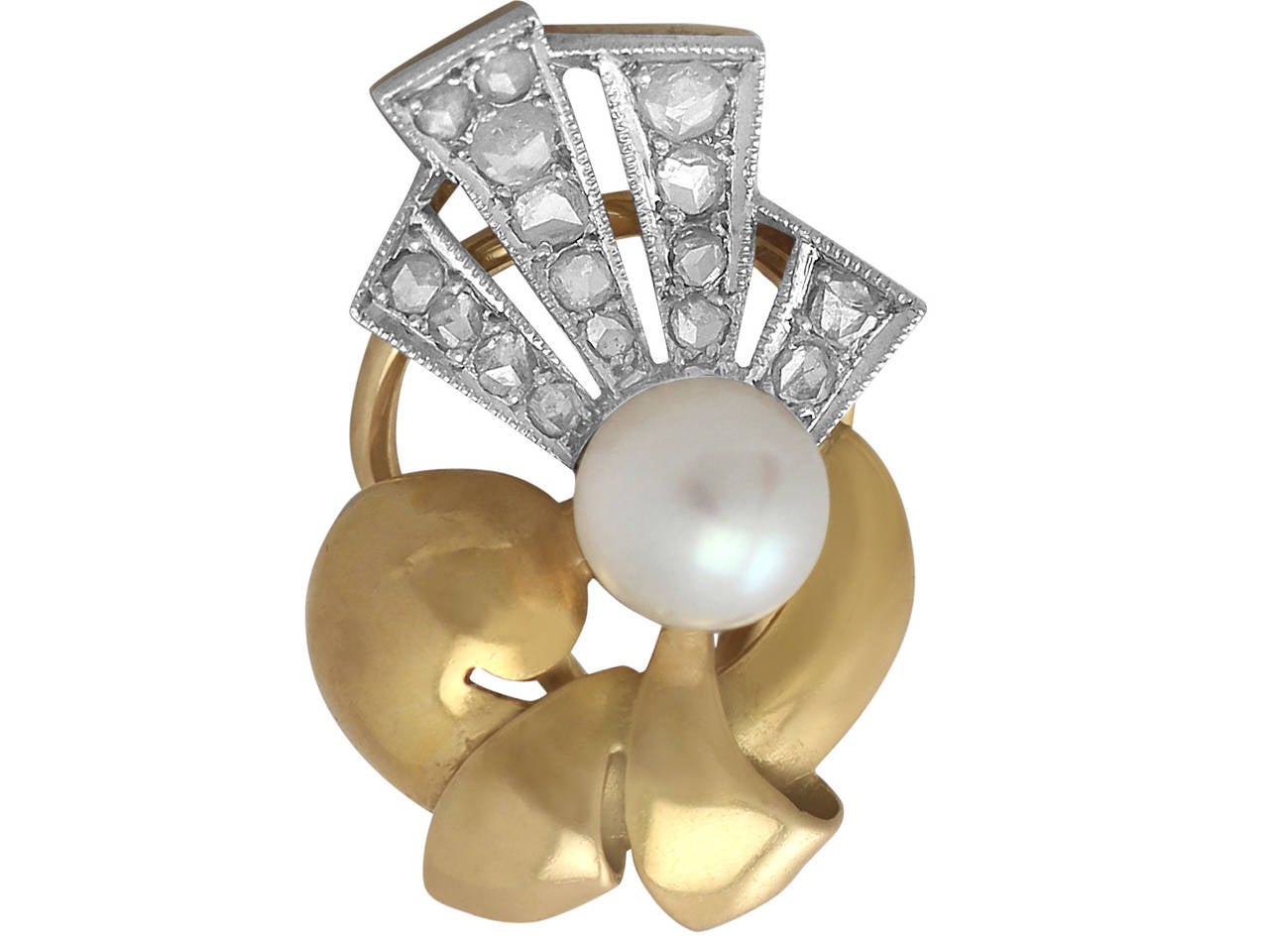 A fine and impressive pair of vintage 0.42 carat diamond and pearl, 18 karat yellow gold, platinum set Art Deco style earrings; part of our vintage jewelry and estate jewelry collections

These impressive vintage Art Deco pearl earrings have been